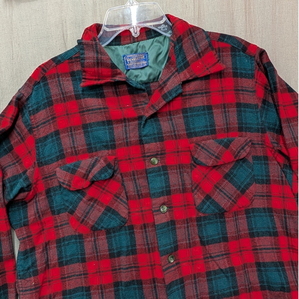 Vintage Pendleton Board Shirt Mens XL Red Green Plaid Wool Flannel Button 1960s